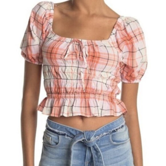 NWT Abound Coral/ Pink Adley Puff Sleeve Cotton Crop Top  Medium - Picture 1 of 1